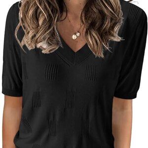 Short Sleeve V-Neck Sweater Blouse - Black